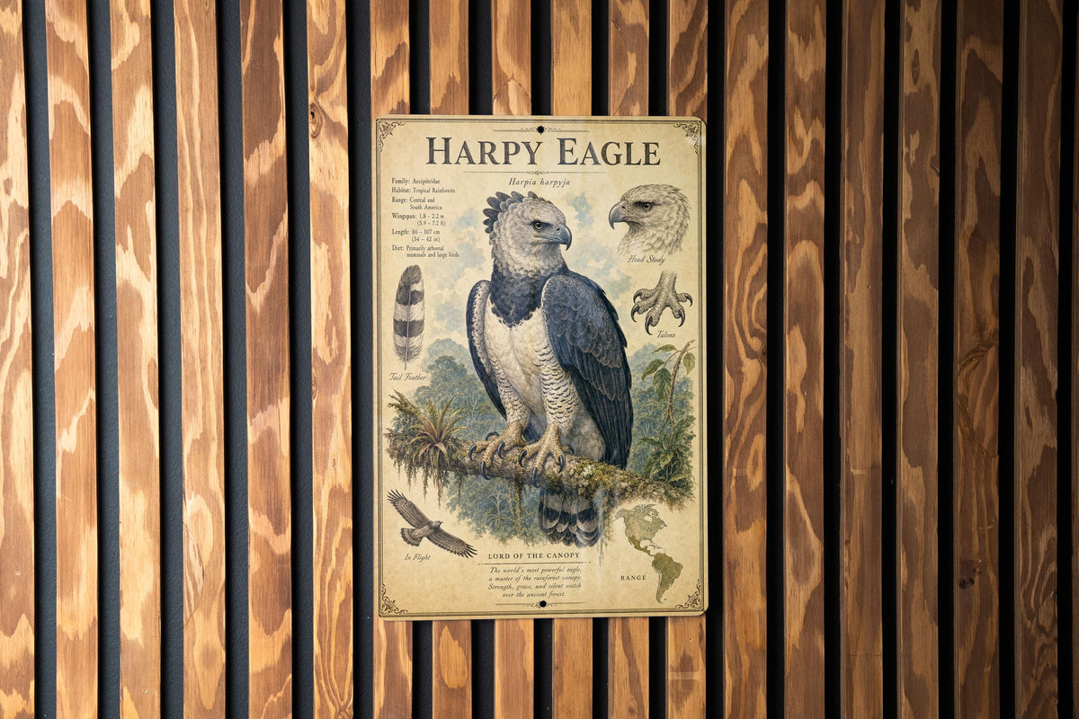 Harpy Eagle Metal Sign, Vintage Natural History Bird Plate, Audubon Ornithology Wall Decor, Scientific Name Range Map Notes — photo 1