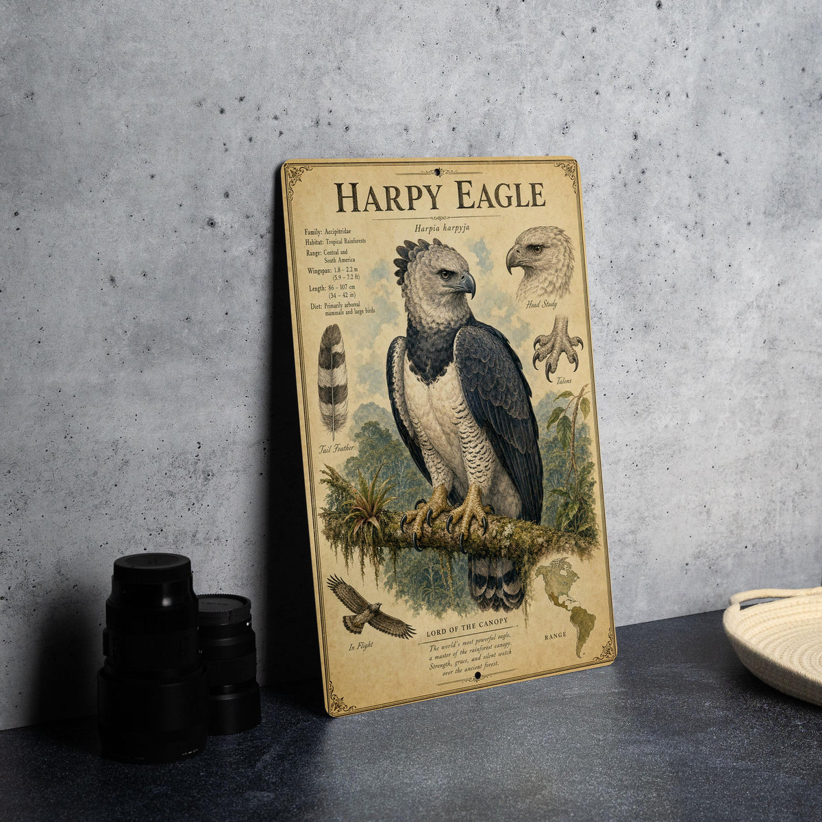Harpy Eagle Metal Sign, Vintage Natural History Bird Plate, Audubon Ornithology Wall Decor, Scientific Name Range Map Notes — photo 4