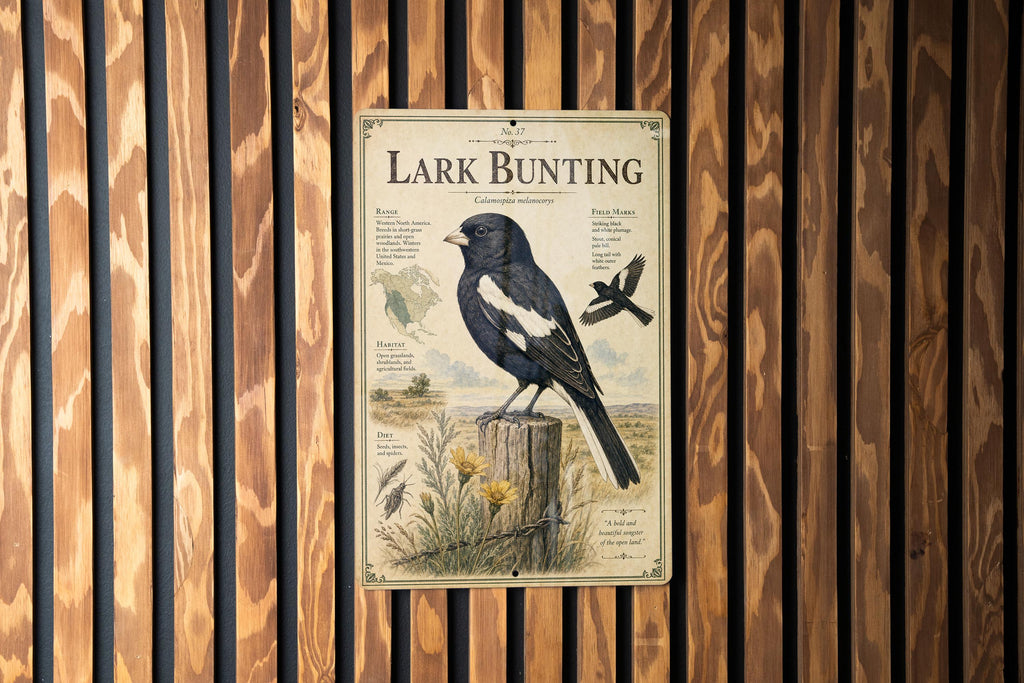 Lark Bunting Metal Sign Vintage Natural History Bird Illustration with Scientific Name Range Map Habitat Notes Cabin Lodge Decor — photo 1