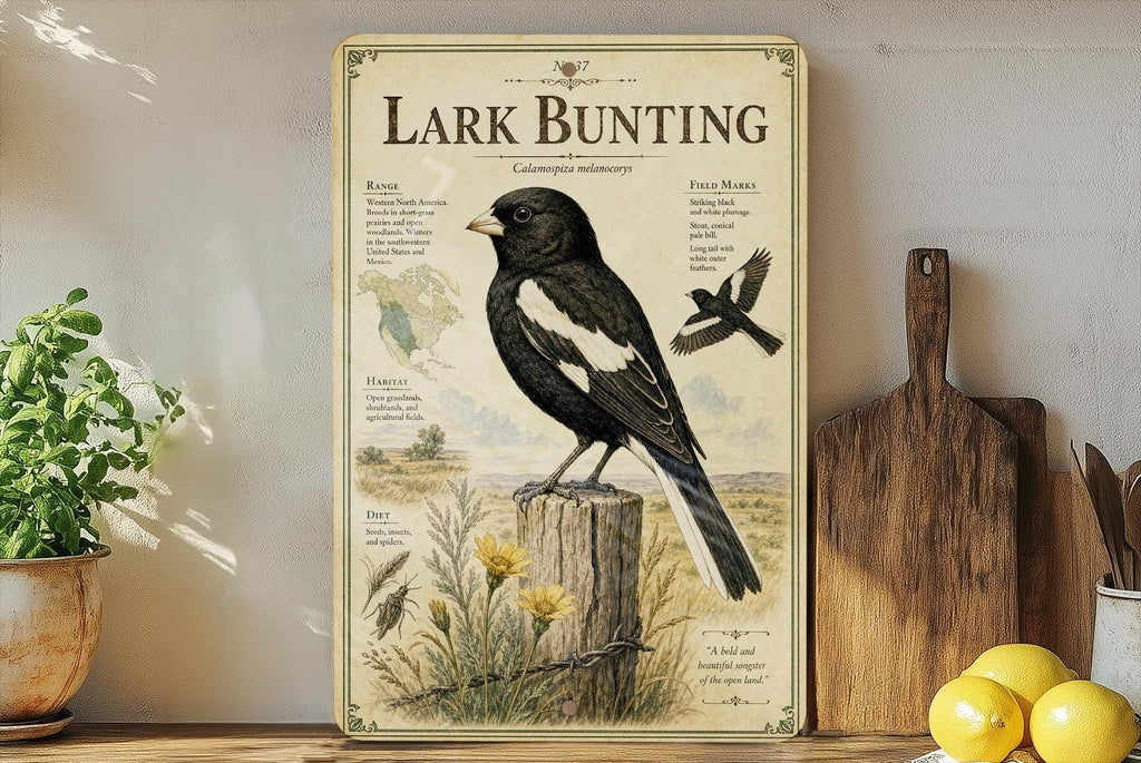 Lark Bunting Metal Sign Vintage Natural History Bird Illustration with Scientific Name Range Map Habitat Notes Cabin Lodge Decor — photo 2