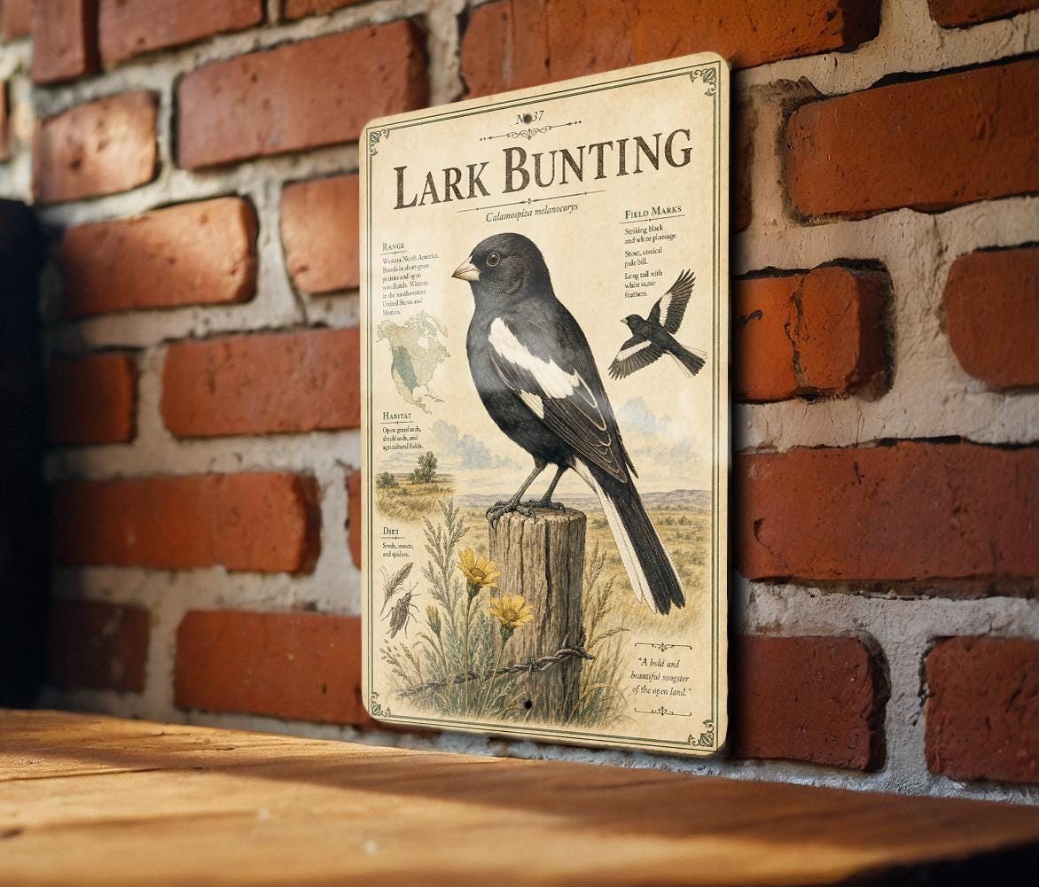 Lark Bunting Metal Sign Vintage Natural History Bird Illustration with Scientific Name Range Map Habitat Notes Cabin Lodge Decor — photo 3
