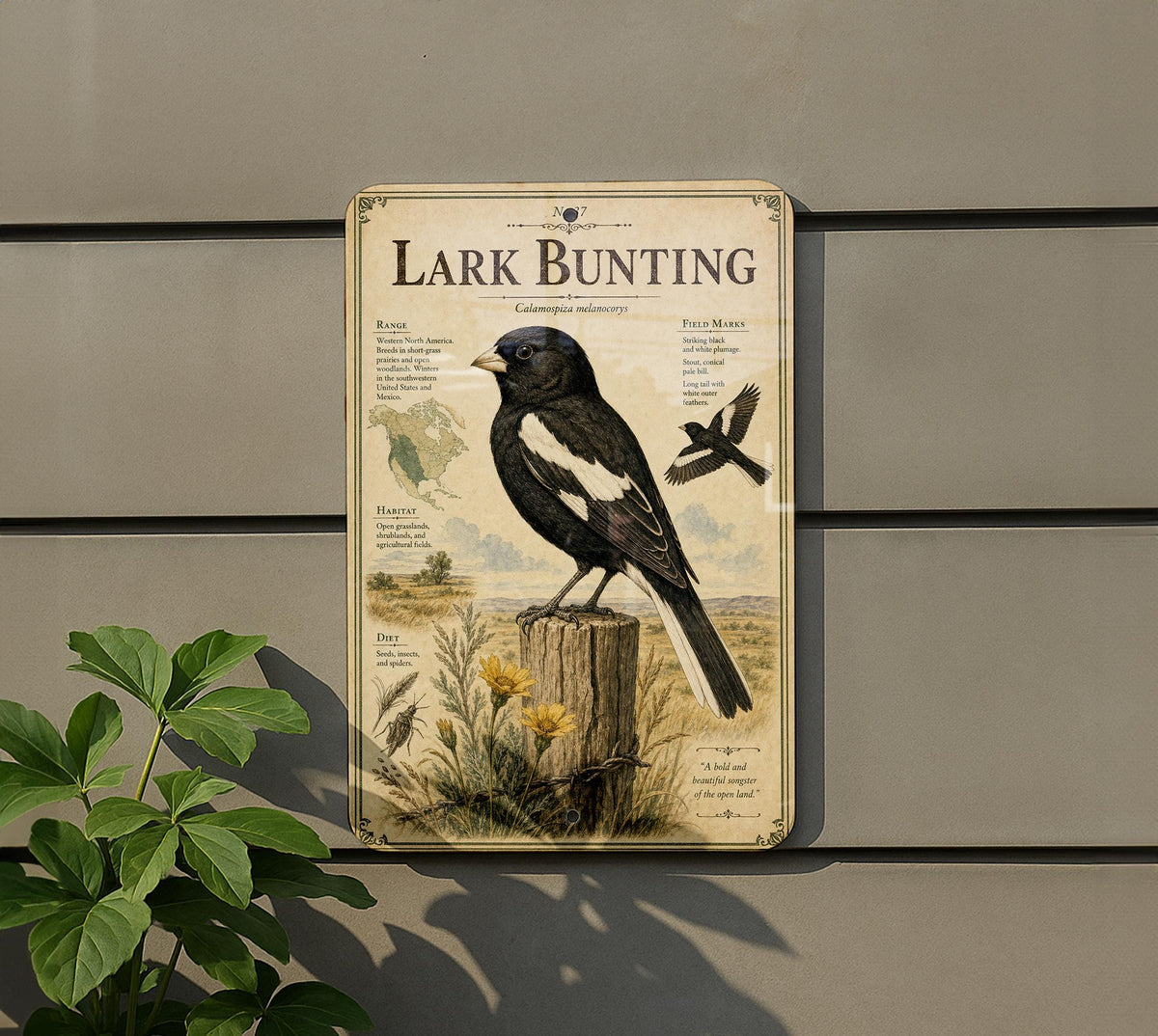 Lark Bunting Metal Sign Vintage Natural History Bird Illustration with Scientific Name Range Map Habitat Notes Cabin Lodge Decor — photo 5