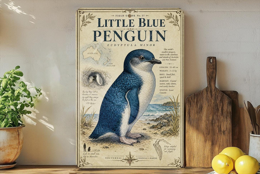 Little Blue Penguin Metal Sign, Vintage Natural History Specimen Plate, Scientific Name, Range Map, Habitat Notes Wall Decor — photo 1