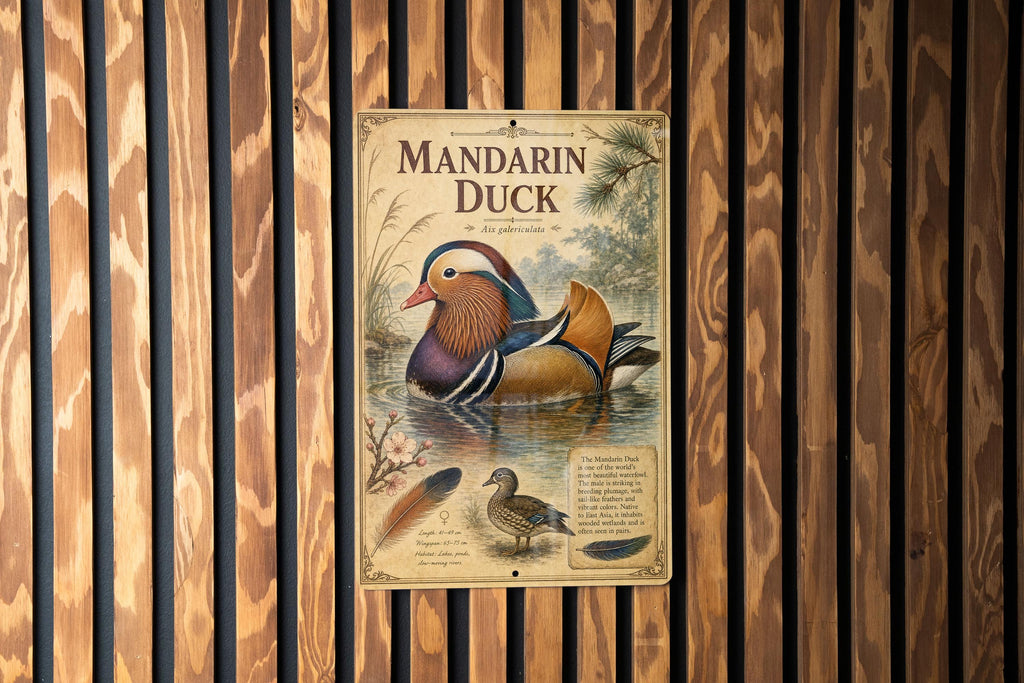 Mandarin Duck Metal Sign Vintage Natural History Bird Plate Ornithology Illustration Scientific Name Range Map Habitat Scene — photo 1