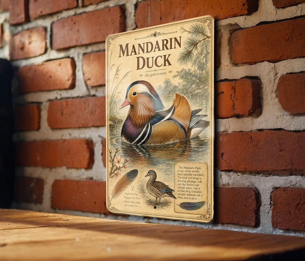 Mandarin Duck Metal Sign Vintage Natural History Bird Plate Ornithology Illustration Scientific Name Range Map Habitat Scene — photo 2
