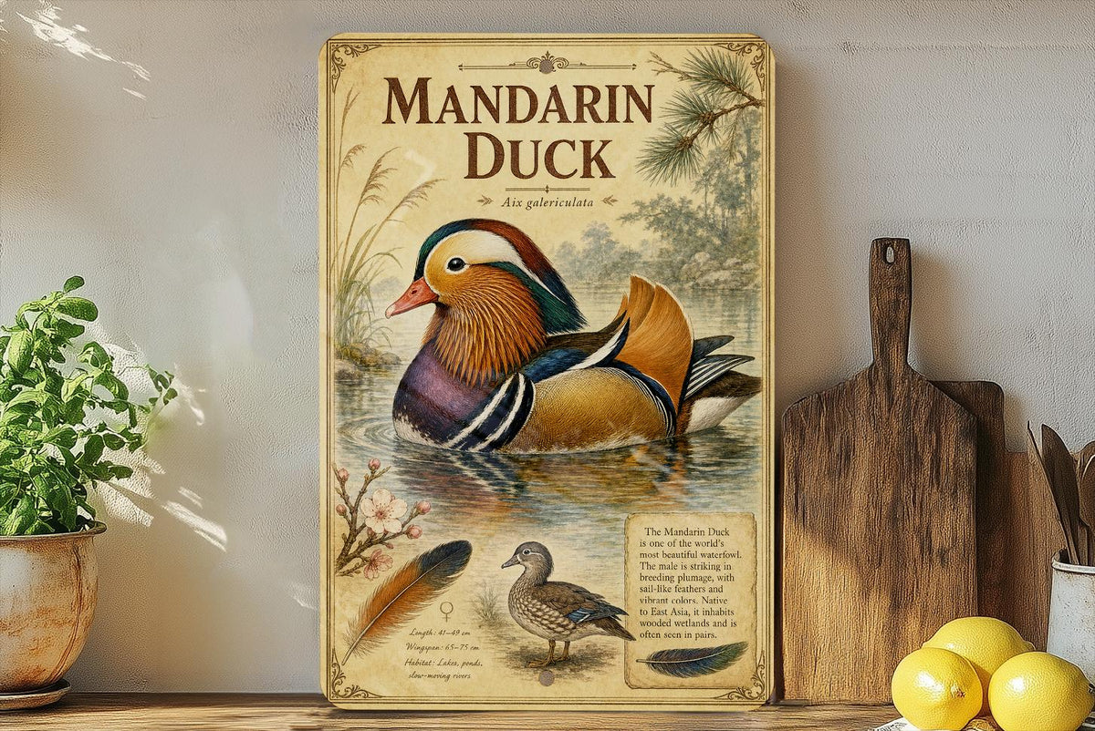 Mandarin Duck Metal Sign Vintage Natural History Bird Plate Ornithology Illustration Scientific Name Range Map Habitat Scene — photo 3