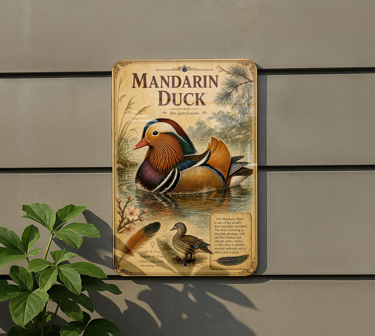 Mandarin Duck Metal Sign Vintage Natural History Bird Plate Ornithology Illustration Scientific Name Range Map Habitat Scene — photo 5