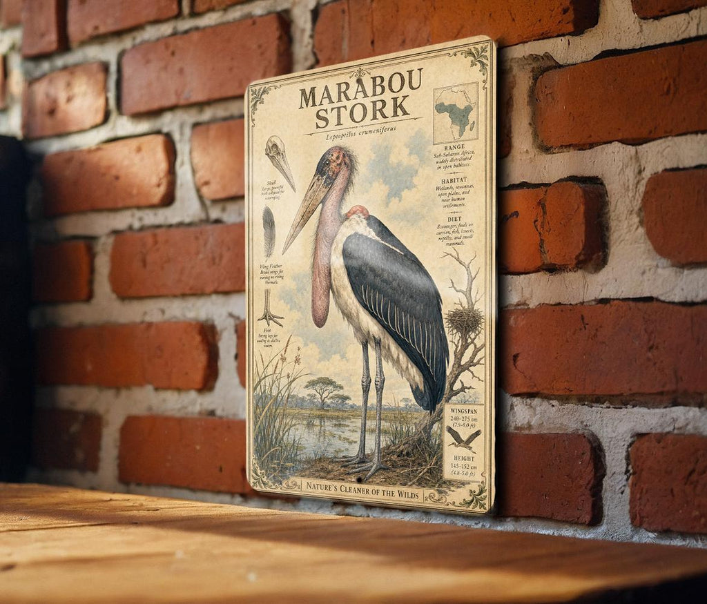 Marabou Stork Metal Sign Vintage Natural History Bird Illustration Scientific Name Range Map Habitat Notes Ornithology Wall Decor — photo 1