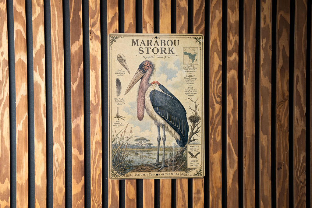 Marabou Stork Metal Sign Vintage Natural History Bird Illustration Scientific Name Range Map Habitat Notes Ornithology Wall Decor — photo 3