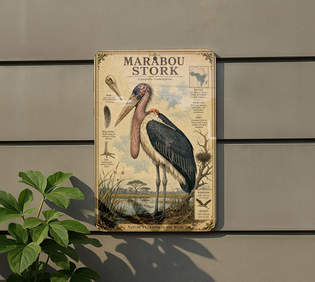 Marabou Stork Metal Sign Vintage Natural History Bird Illustration Scientific Name Range Map Habitat Notes Ornithology Wall Decor — photo 5