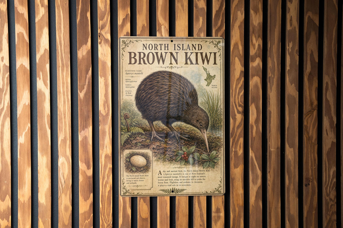 North Island Brown Kiwi Metal Sign, Natural History Specimen Plate, Scientific Name, Range Map, Habitat Notes, Cabin Lodge Decor — photo 2