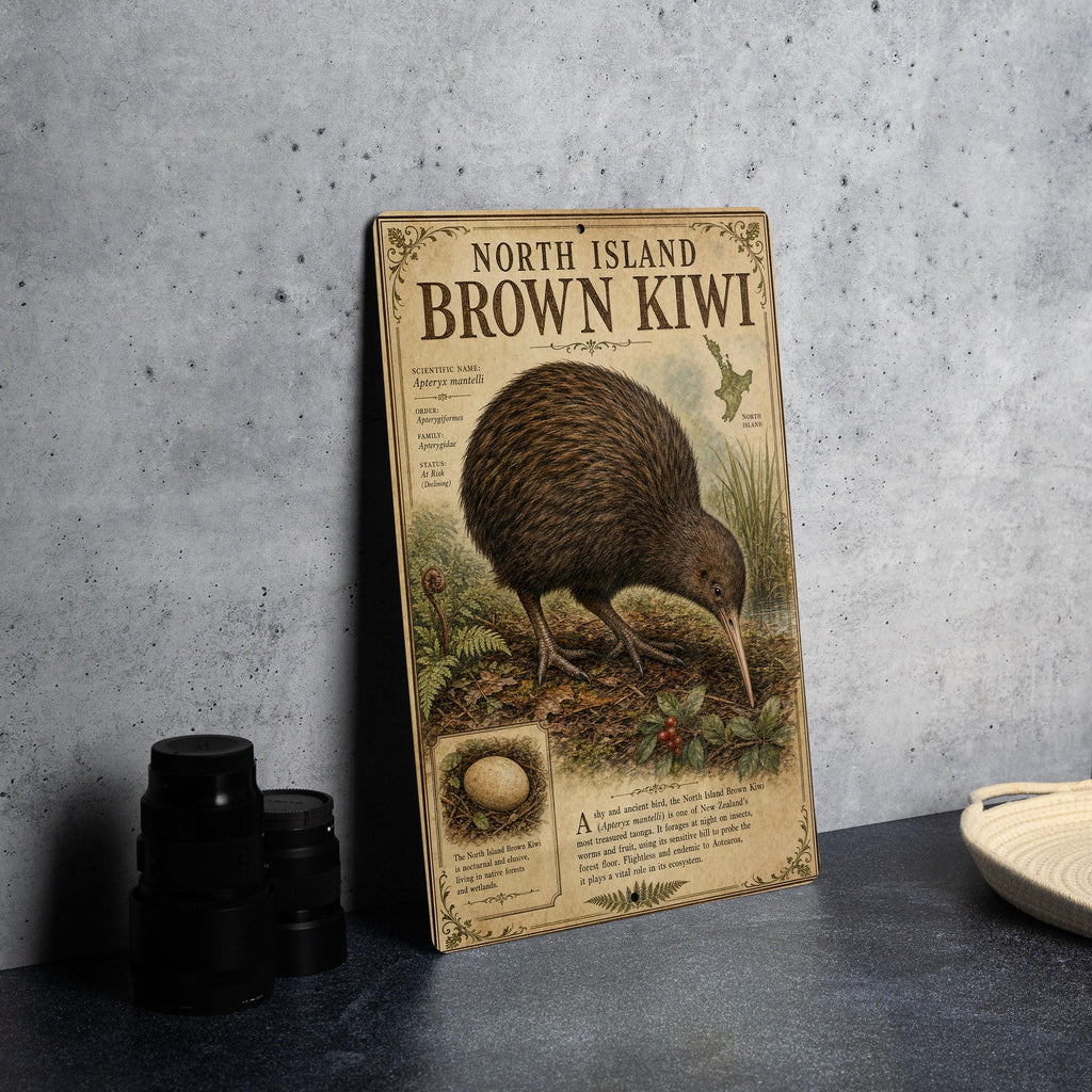 North Island Brown Kiwi Metal Sign, Natural History Specimen Plate, Scientific Name, Range Map, Habitat Notes, Cabin Lodge Decor — photo 4