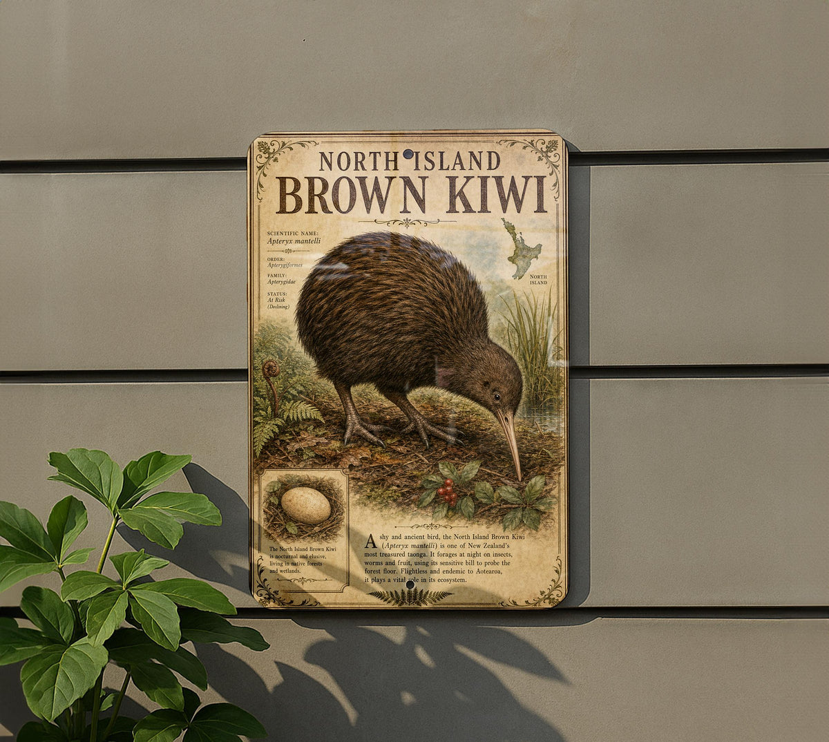 North Island Brown Kiwi Metal Sign, Natural History Specimen Plate, Scientific Name, Range Map, Habitat Notes, Cabin Lodge Decor — photo 5