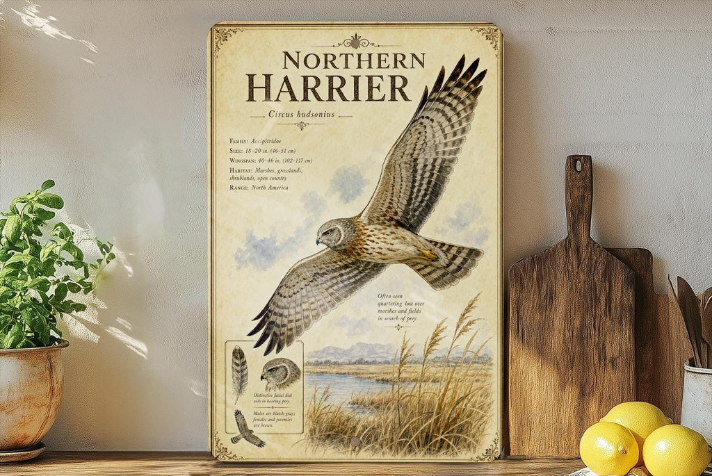 Northern Harrier Metal Sign, Audubon Ornithology Illustration, Scientific Name, Range Map, Habitat Notes, Natural History Wall Decor — photo 1