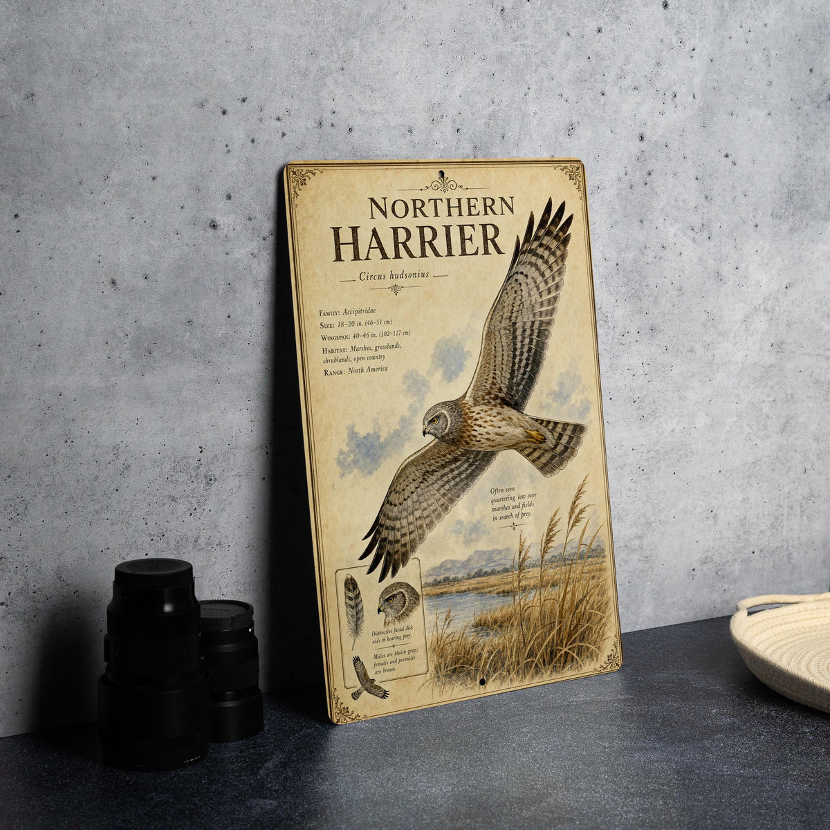 Northern Harrier Metal Sign, Audubon Ornithology Illustration, Scientific Name, Range Map, Habitat Notes, Natural History Wall Decor — photo 4