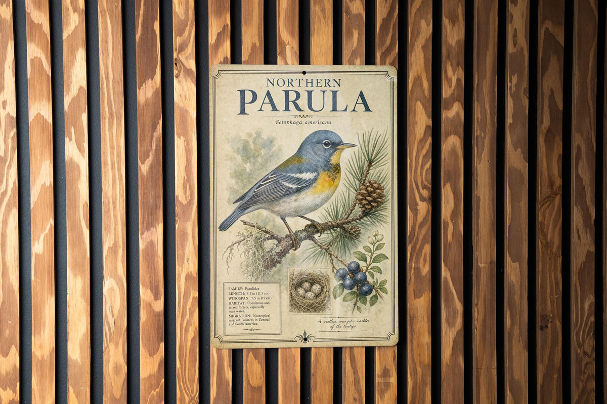 Northern Parula Metal Sign, Vintage Audubon-Inspired Bird Field Guide Plate, Scientific Name, Range Map, Habitat Notes Wall Decor — photo 2