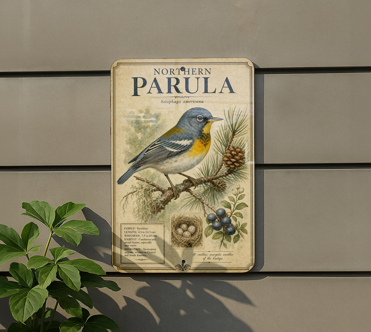 Northern Parula Metal Sign, Vintage Audubon-Inspired Bird Field Guide Plate, Scientific Name, Range Map, Habitat Notes Wall Decor — photo 5