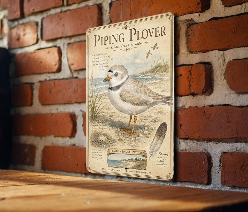Piping Plover Metal Sign, Audubon-Inspired Ornithology Plate with Scientific Name, Range Map, Habitat Notes, Bird Lover Decor — photo 1