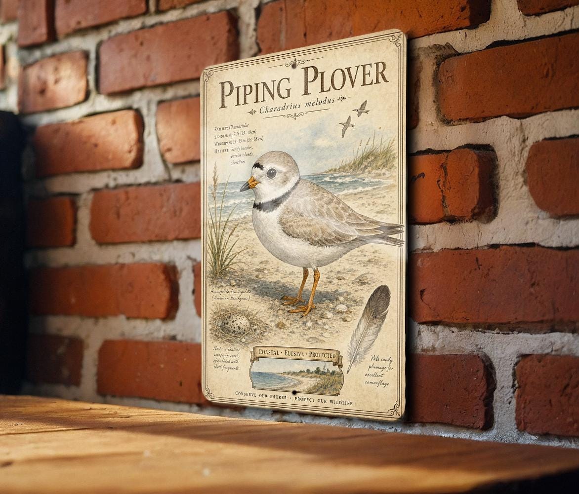 Piping Plover Metal Sign, Audubon-Inspired Ornithology Plate with Scientific Name, Range Map, Habitat Notes, Bird Lover Decor — photo 1