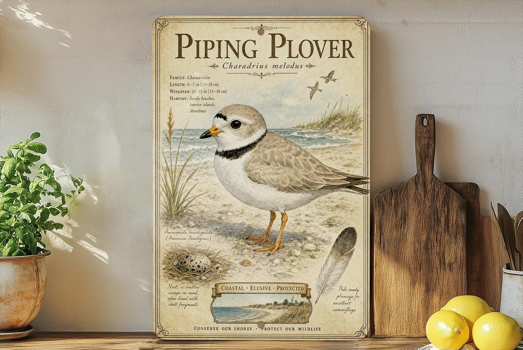 Piping Plover Metal Sign, Audubon-Inspired Ornithology Plate with Scientific Name, Range Map, Habitat Notes, Bird Lover Decor — photo 2