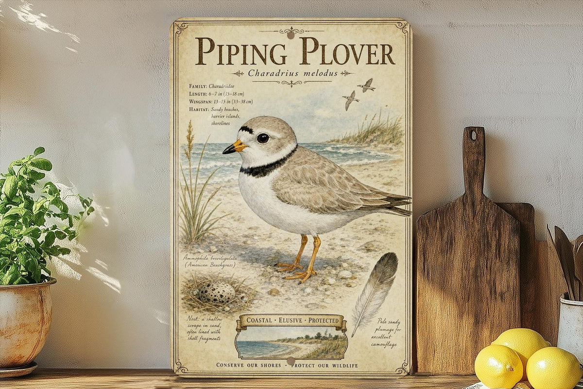 Piping Plover Metal Sign, Audubon-Inspired Ornithology Plate with Scientific Name, Range Map, Habitat Notes, Bird Lover Decor — photo 2
