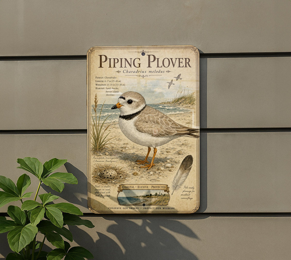 Piping Plover Metal Sign, Audubon-Inspired Ornithology Plate with Scientific Name, Range Map, Habitat Notes, Bird Lover Decor — photo 5