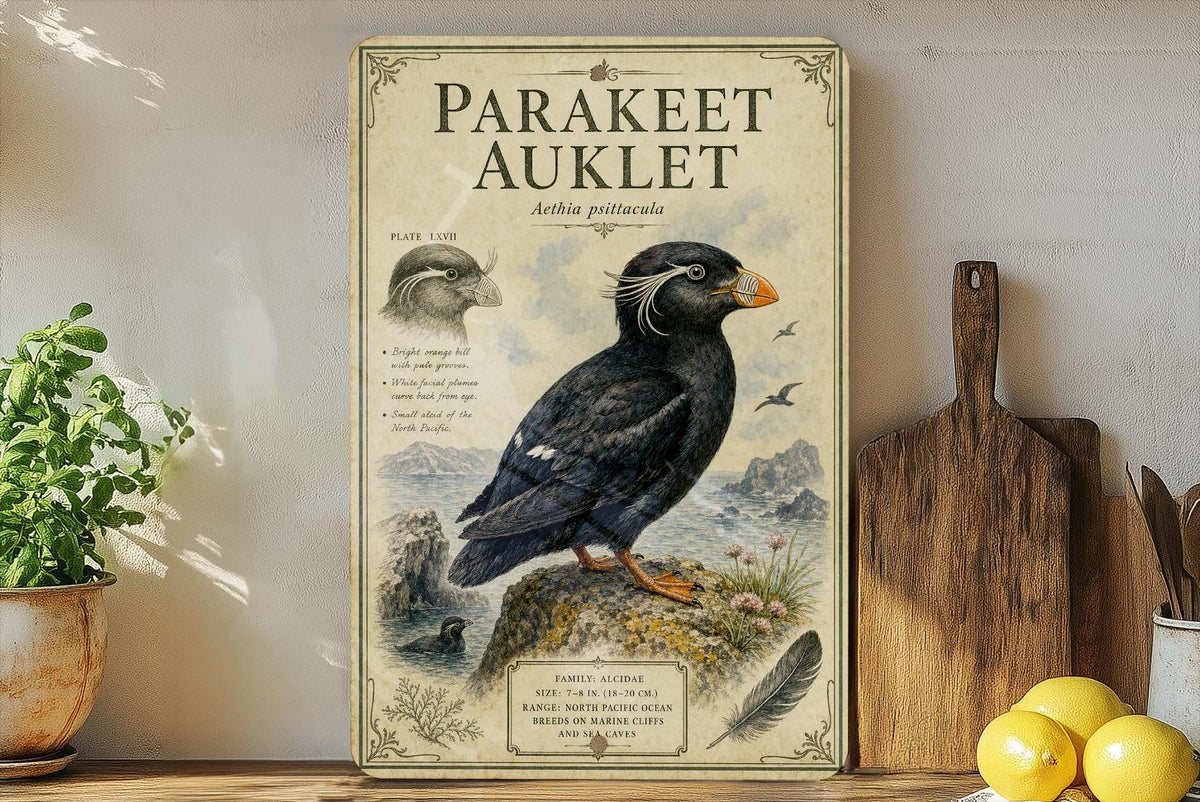 Parakeet Auklet Metal Sign, Vintage Natural History Bird Illustration, Scientific Name Range Map Notes, Cabin Lodge Decor Gift — photo 1