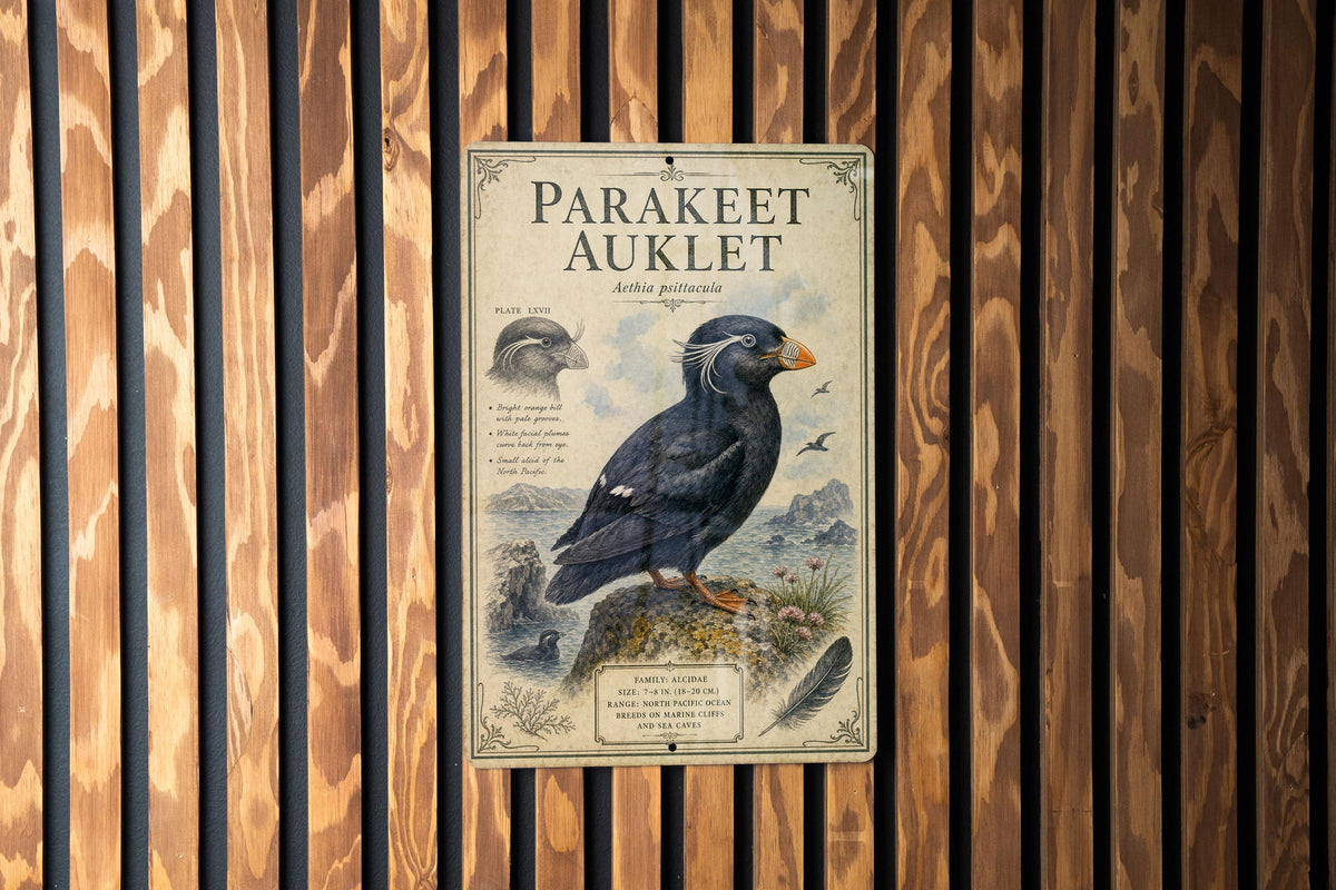 Parakeet Auklet Metal Sign, Vintage Natural History Bird Illustration, Scientific Name Range Map Notes, Cabin Lodge Decor Gift — photo 2