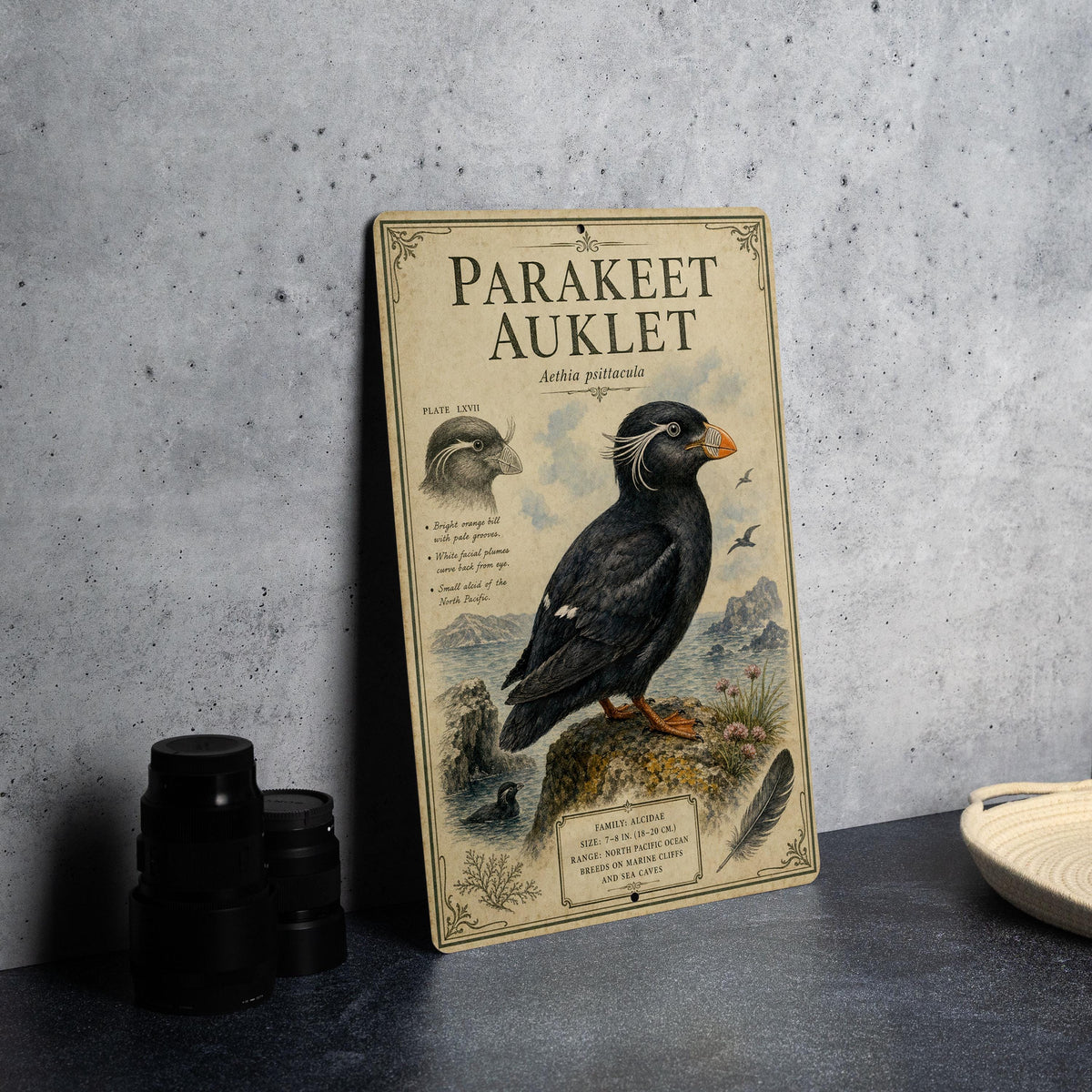 Parakeet Auklet Metal Sign, Vintage Natural History Bird Illustration, Scientific Name Range Map Notes, Cabin Lodge Decor Gift — photo 4