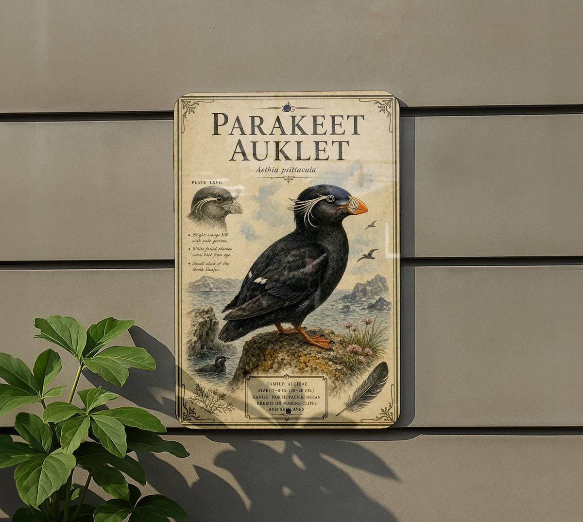 Parakeet Auklet Metal Sign, Vintage Natural History Bird Illustration, Scientific Name Range Map Notes, Cabin Lodge Decor Gift — photo 5