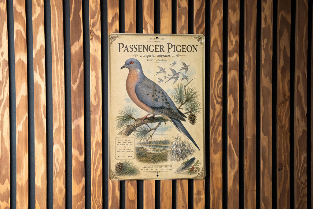 Passenger Pigeon Metal Sign, Vintage Natural History Bird Illustration, Audubon Ornithology Specimen Plate, Range Map & Notes Wall Decor — photo 1