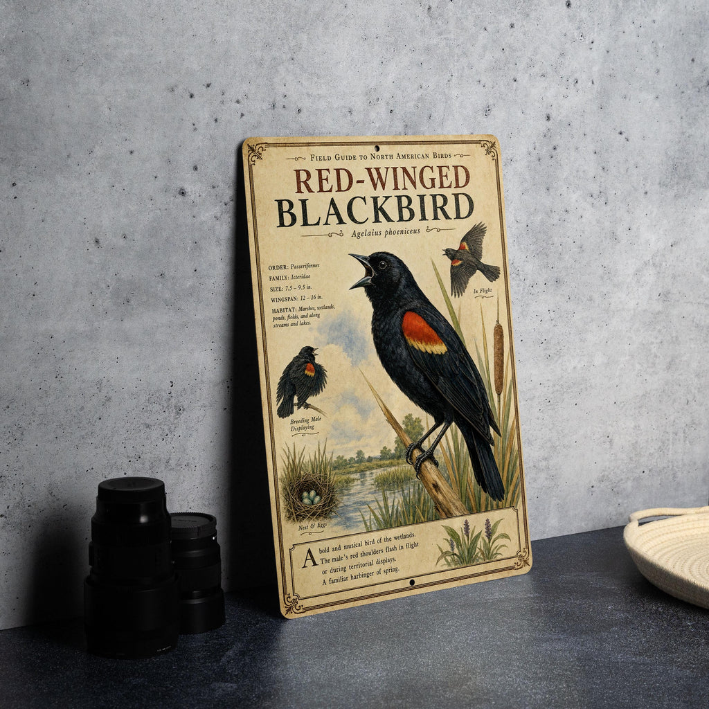 Red Winged Blackbird Metal Sign Natural History Ornithology Specimen Plate with Scientific Name Range Map Habitat Scene — photo 1