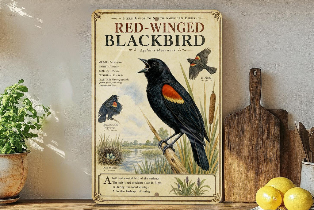 Red Winged Blackbird Metal Sign Natural History Ornithology Specimen Plate with Scientific Name Range Map Habitat Scene — photo 2