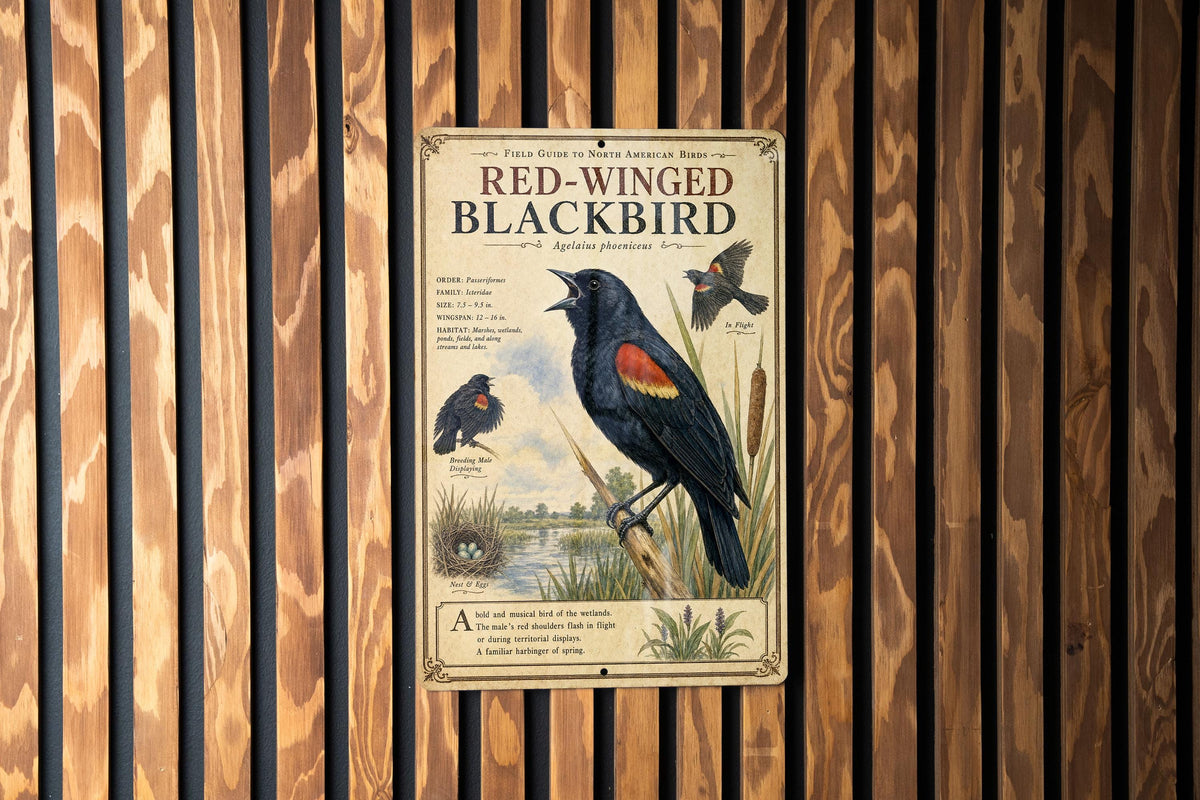 Red Winged Blackbird Metal Sign Natural History Ornithology Specimen Plate with Scientific Name Range Map Habitat Scene — photo 5