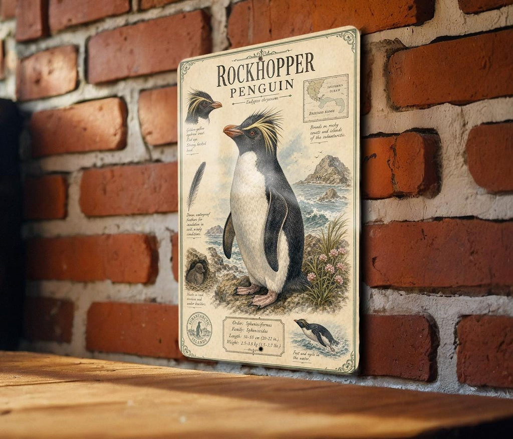Rockhopper Penguin Metal Sign Vintage Natural History Print Scientific Name Range Map Anatomical Notes Habitat Scene Wall Decor — photo 1