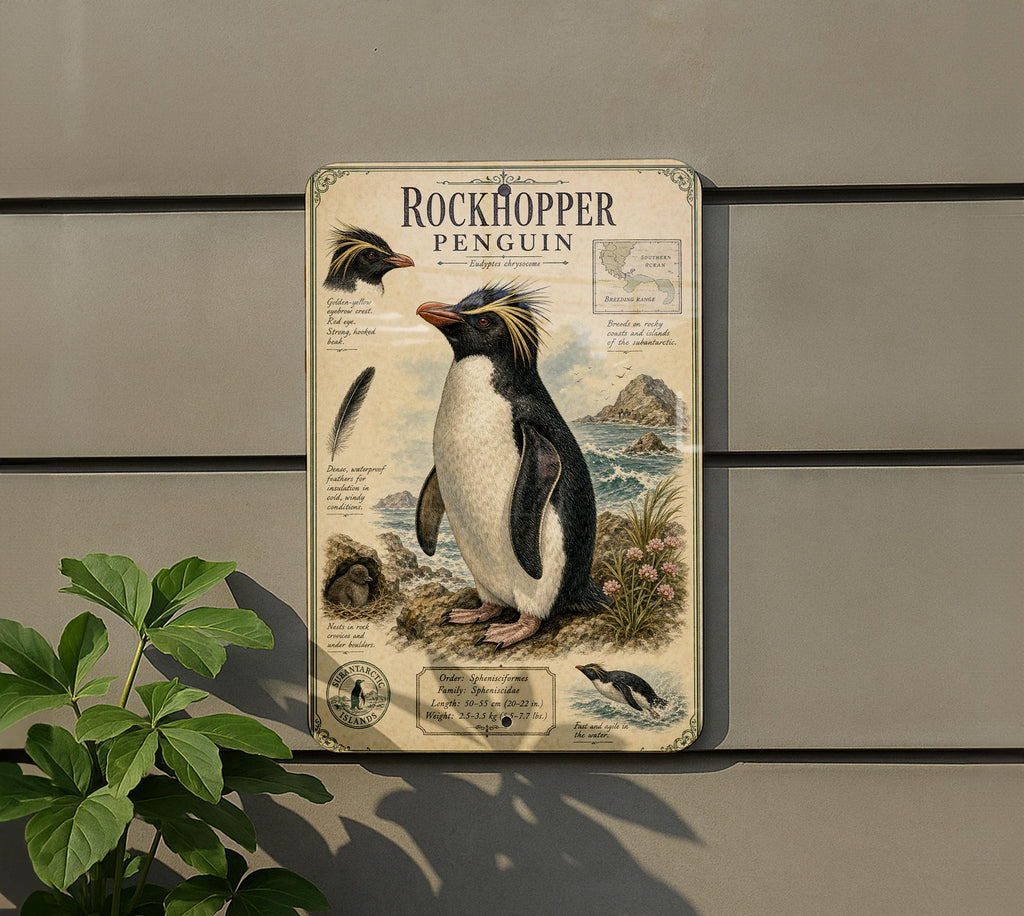 Rockhopper Penguin Metal Sign Vintage Natural History Print Scientific Name Range Map Anatomical Notes Habitat Scene Wall Decor — photo 2