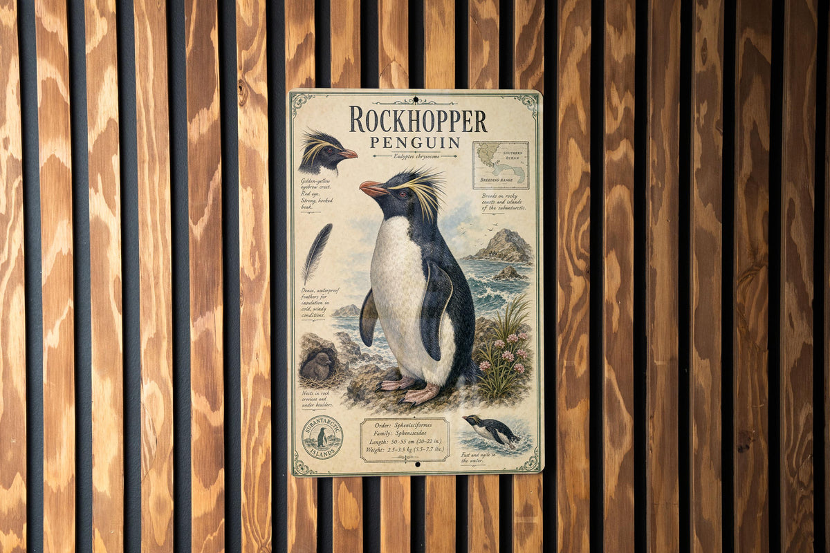 Rockhopper Penguin Metal Sign Vintage Natural History Print Scientific Name Range Map Anatomical Notes Habitat Scene Wall Decor — photo 3