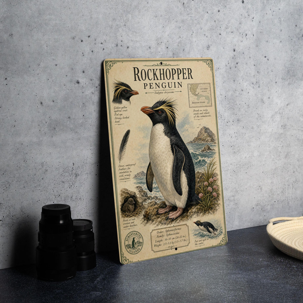 Rockhopper Penguin Metal Sign Vintage Natural History Print Scientific Name Range Map Anatomical Notes Habitat Scene Wall Decor — photo 5