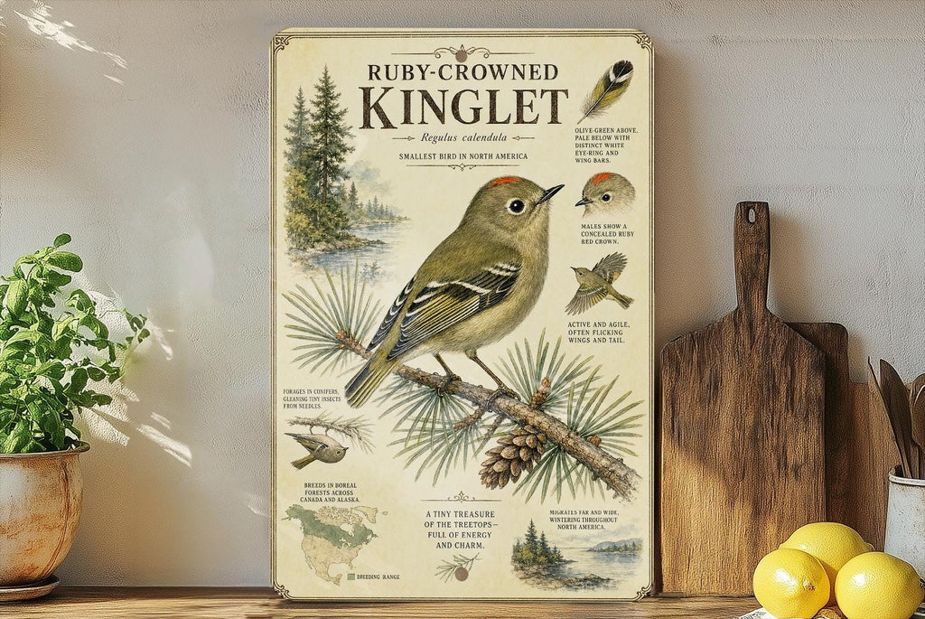 Ruby-Crowned Kinglet Metal Sign Vintage Natural History Bird Illustration with Scientific Name Range Map Habitat Notes Audubon Style — photo 1