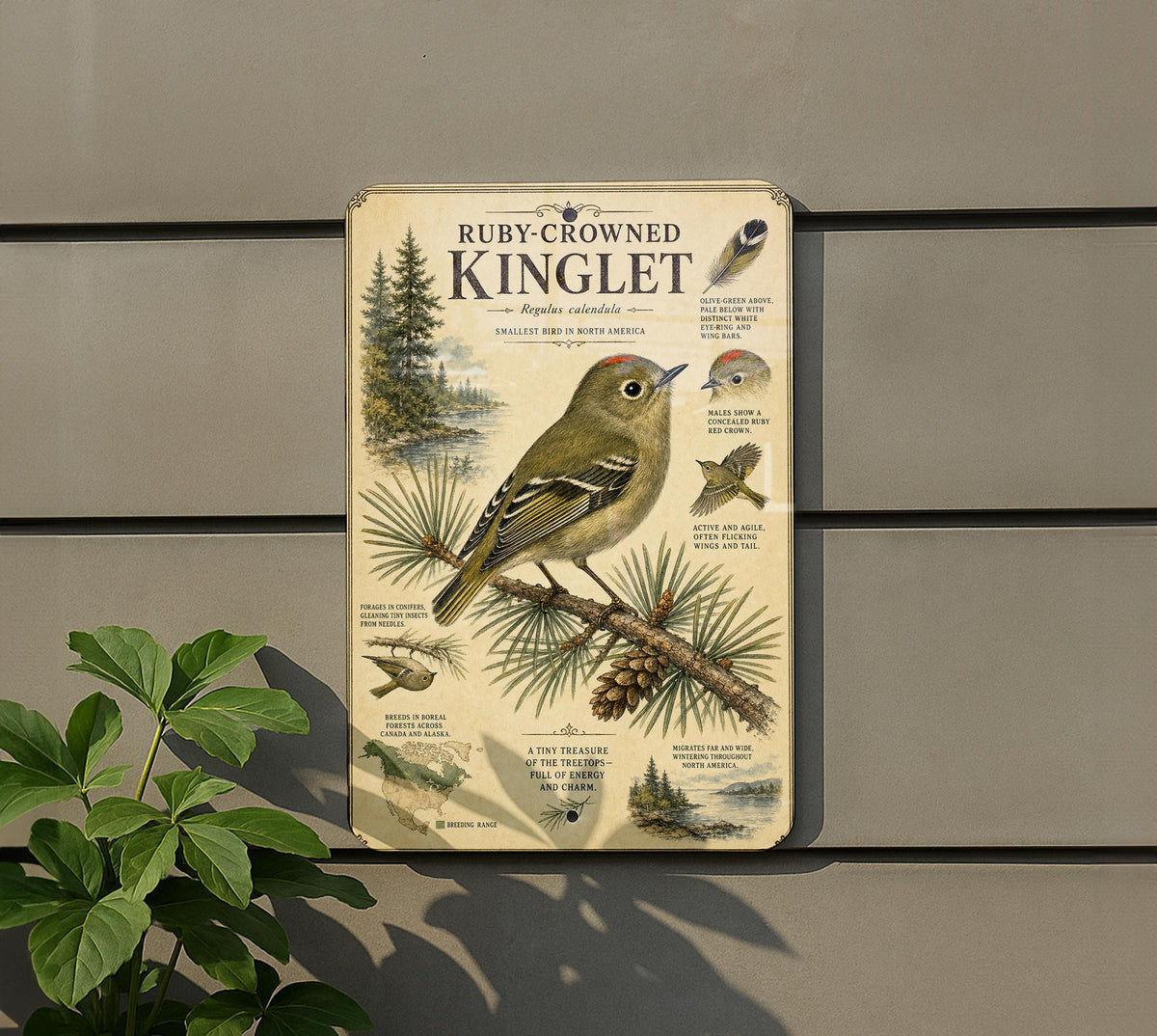 Ruby-Crowned Kinglet Metal Sign Vintage Natural History Bird Illustration with Scientific Name Range Map Habitat Notes Audubon Style — photo 2