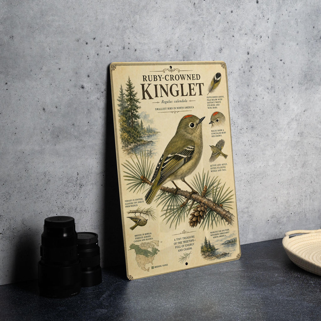 Ruby-Crowned Kinglet Metal Sign Vintage Natural History Bird Illustration with Scientific Name Range Map Habitat Notes Audubon Style — photo 3