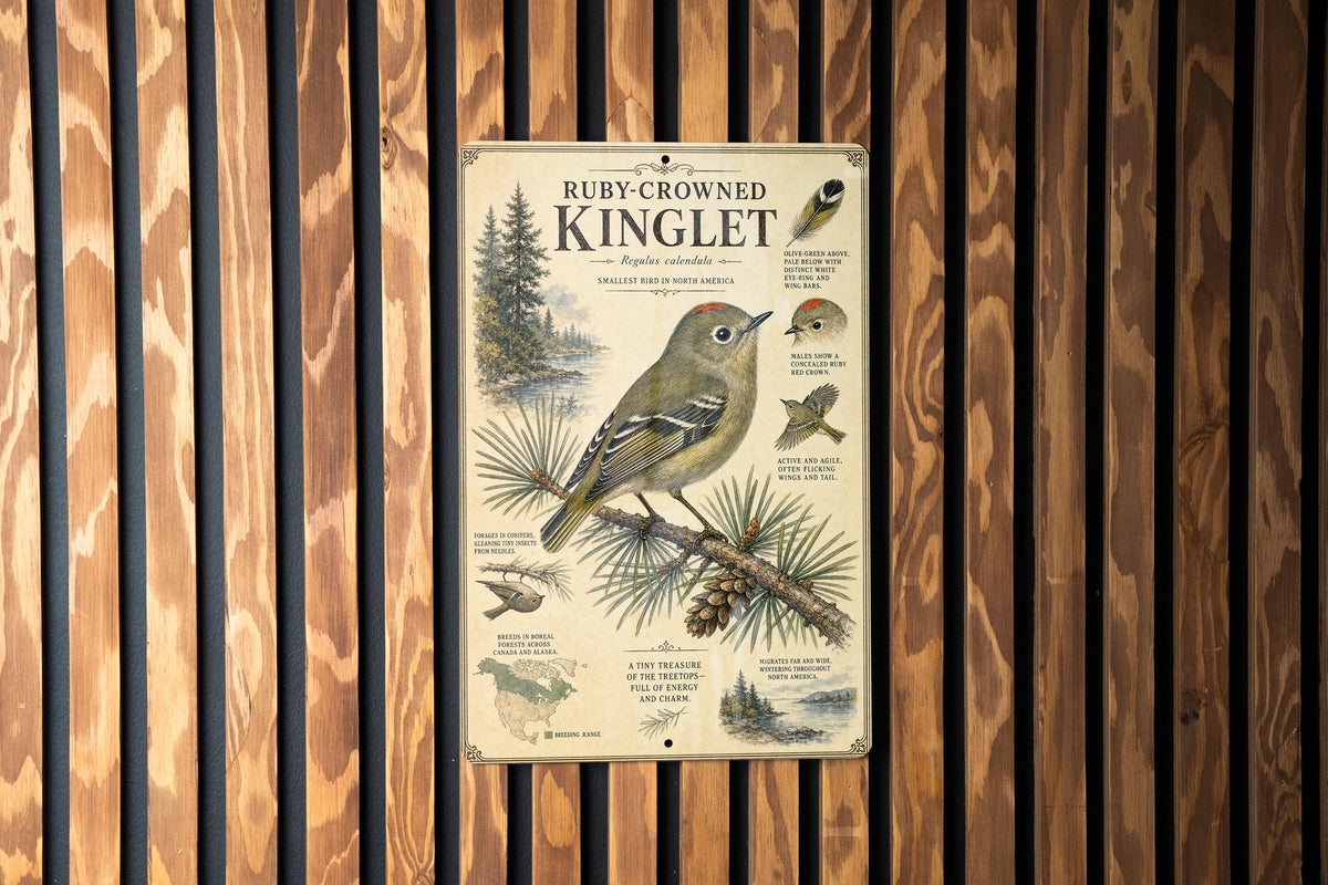 Ruby-Crowned Kinglet Metal Sign Vintage Natural History Bird Illustration with Scientific Name Range Map Habitat Notes Audubon Style — photo 4