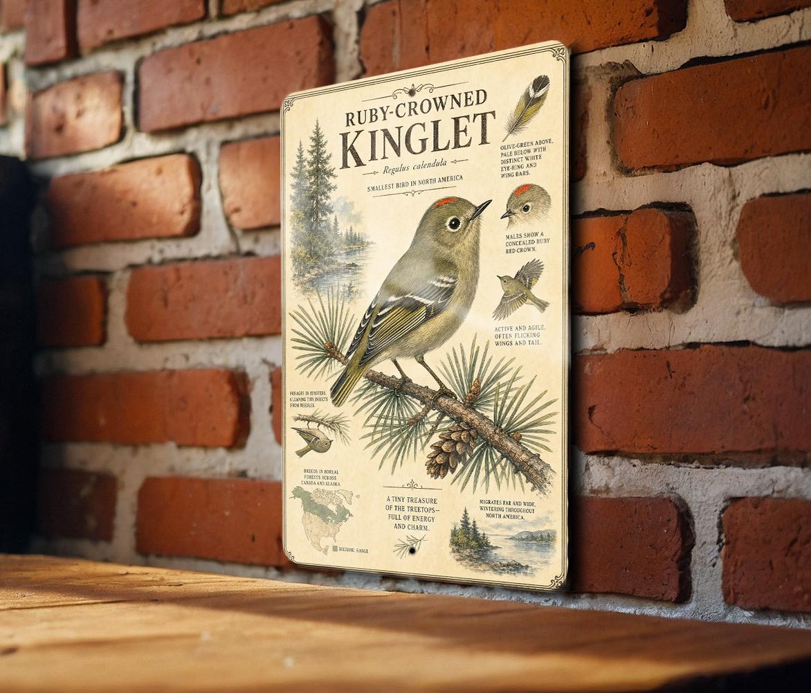 Ruby-Crowned Kinglet Metal Sign Vintage Natural History Bird Illustration with Scientific Name Range Map Habitat Notes Audubon Style — photo 5