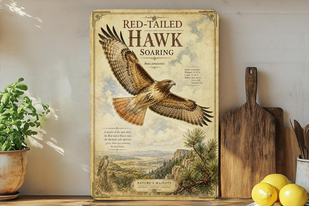 Red Tailed Hawk Soaring Metal Sign, Audubon-Inspired Ornithology Plate, Scientific Name Range Map Notes, Cabin Lodge Decor — photo 1