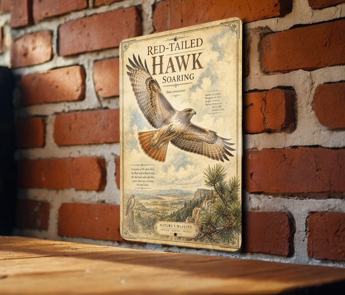 Red Tailed Hawk Soaring Metal Sign, Audubon-Inspired Ornithology Plate, Scientific Name Range Map Notes, Cabin Lodge Decor — photo 2