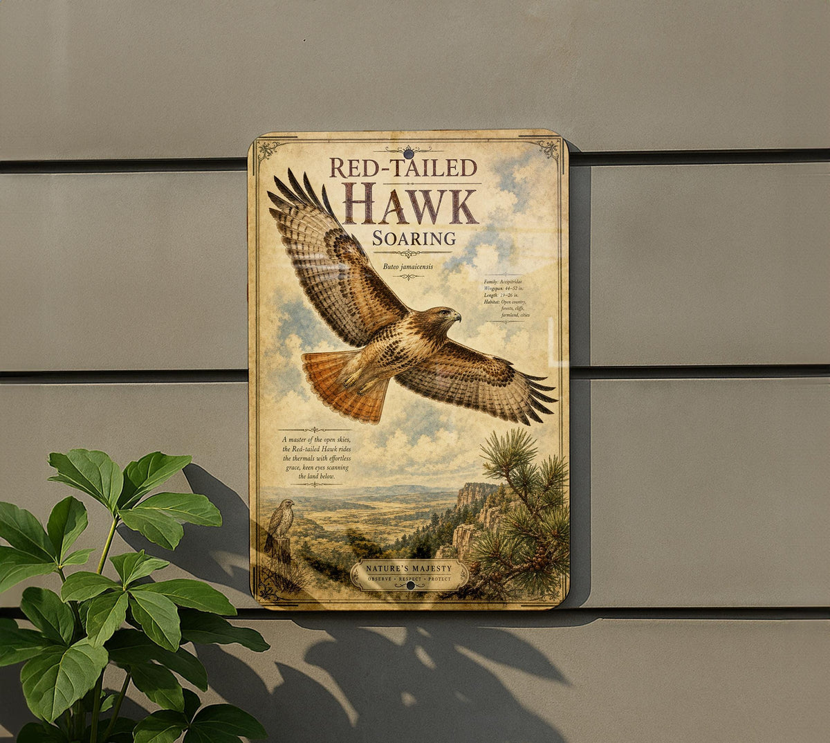 Red Tailed Hawk Soaring Metal Sign, Audubon-Inspired Ornithology Plate, Scientific Name Range Map Notes, Cabin Lodge Decor — photo 3
