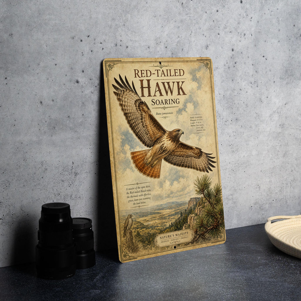 Red Tailed Hawk Soaring Metal Sign, Audubon-Inspired Ornithology Plate, Scientific Name Range Map Notes, Cabin Lodge Decor — photo 4