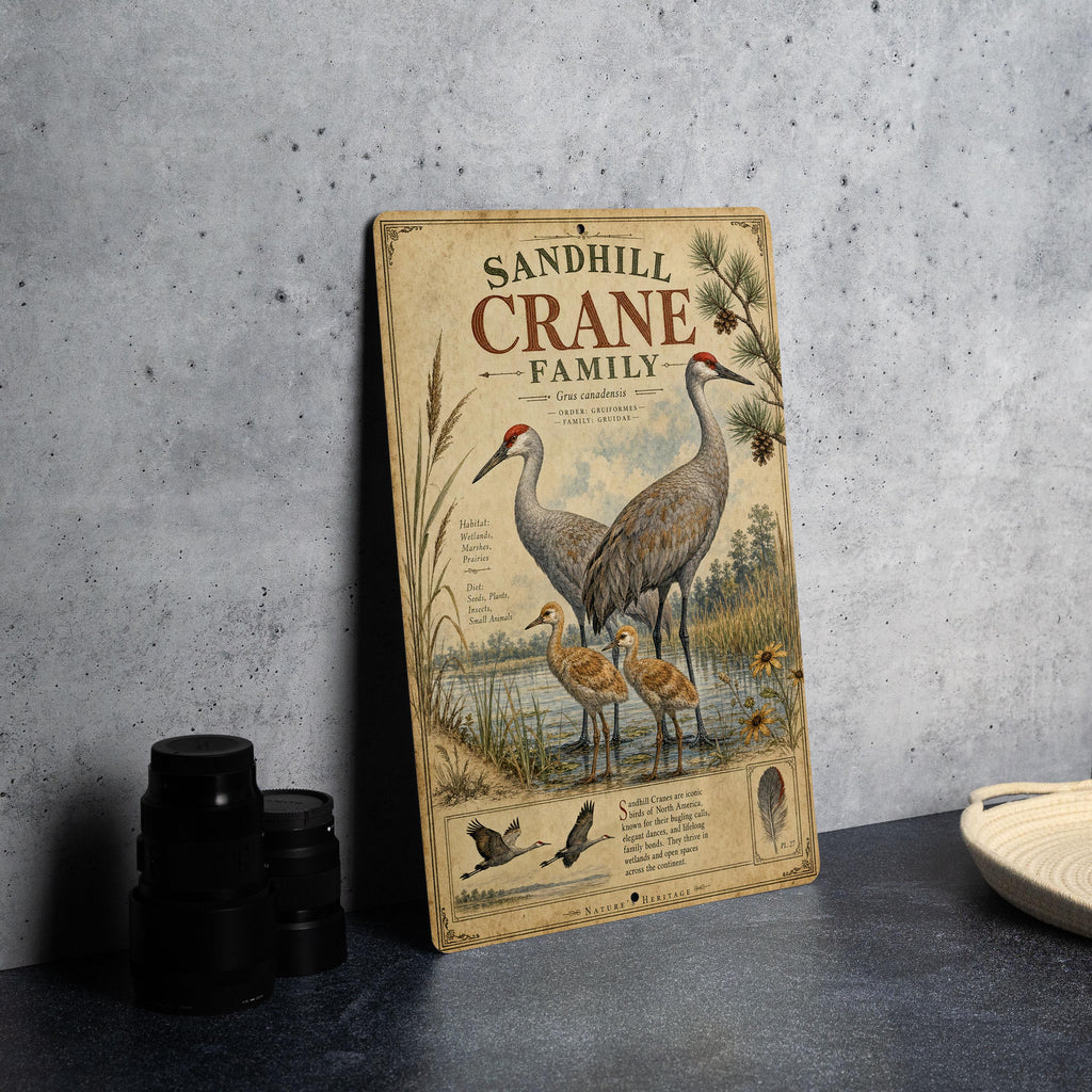 Sandhill Crane Family Metal Sign, Audubon-Inspired Ornithology Plate, Scientific Bird Illustration, Range Map, Habitat Notes — photo 1