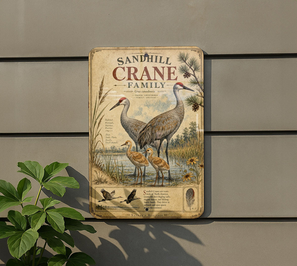 Sandhill Crane Family Metal Sign, Audubon-Inspired Ornithology Plate, Scientific Bird Illustration, Range Map, Habitat Notes — photo 2