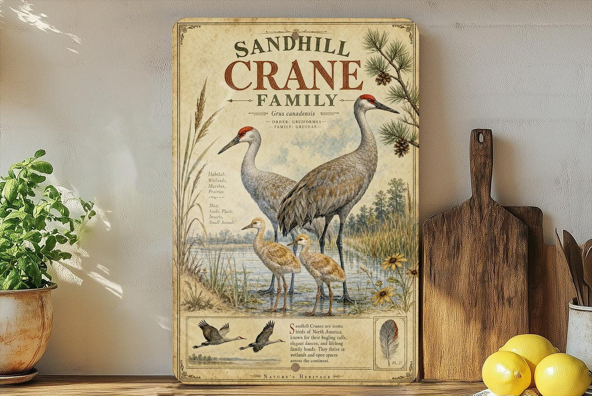 Sandhill Crane Family Metal Sign, Audubon-Inspired Ornithology Plate, Scientific Bird Illustration, Range Map, Habitat Notes — photo 4